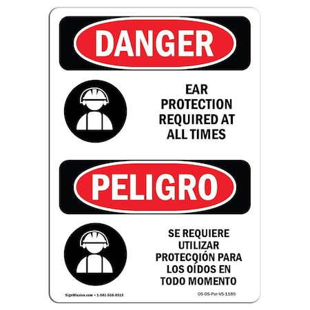Signmission OSHA, Ear Protection Required Bilingual, 10in X 7in Alum, 7" W, 10" H, Spanish, OS-DS-A-710-VS-1189 OS-DS-A-710-VS-1189